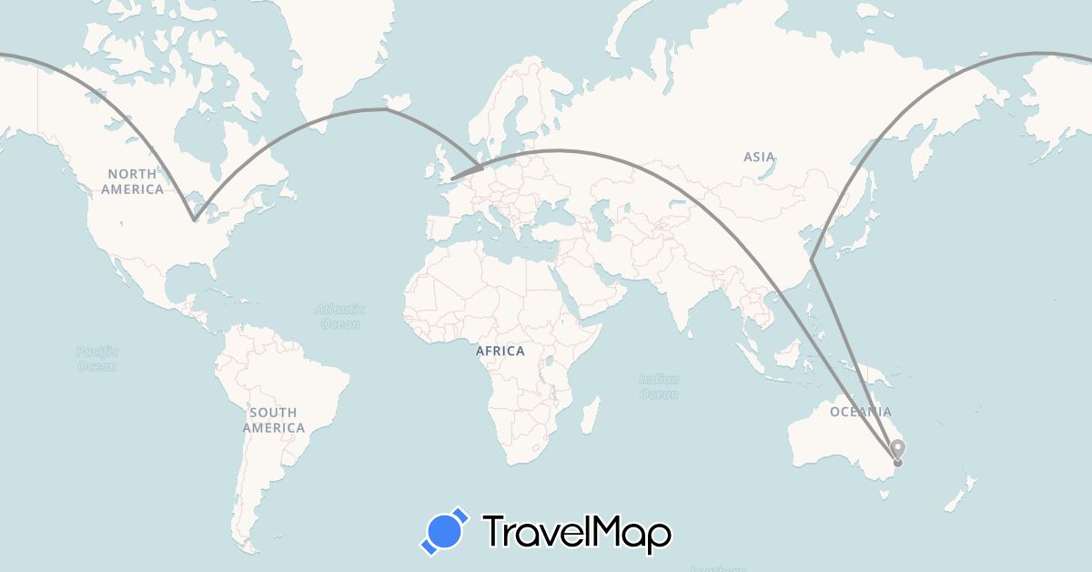 TravelMap itinerary: driving, plane in Australia, China, Germany, United Kingdom, Iceland, United States (Asia, Europe, North America, Oceania)